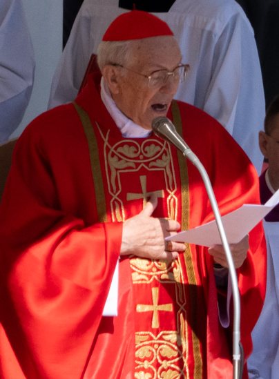 Cardinal Giovanni Battista Re in red vestments, reading at a microphone