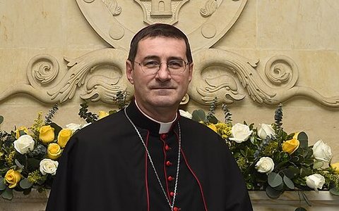 Archbishop Paolo Rudelli in clerical black with red piping, before a carved crest
