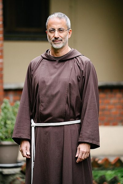Fr Roberto Pasolini in the brown Capuchin habit with knotted cord